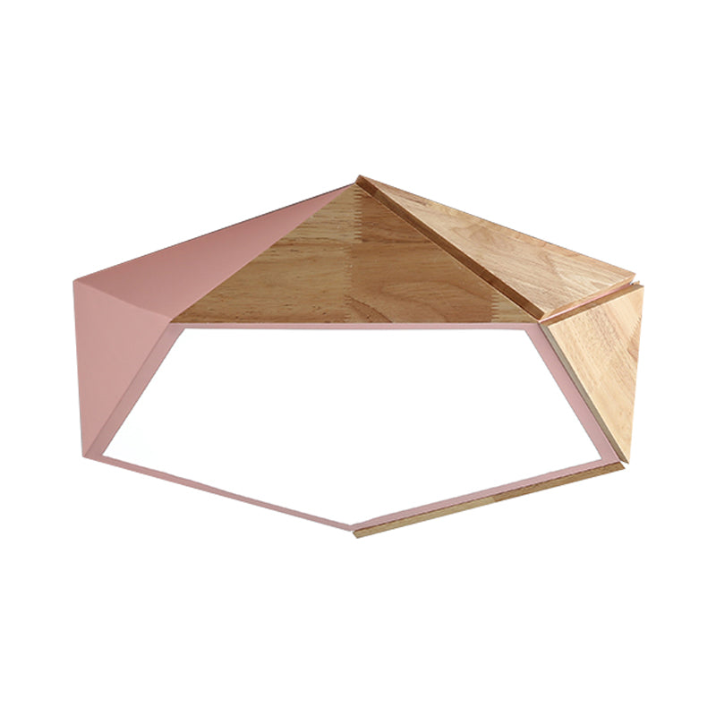 Wood Splicing 3D Pentangle Ceiling Flush Macaron Pink/Green LED Flush Mounted Lamp in Warm/White Light, 16.5/20.5 Inch Wide Clearhalo 'Ceiling Lights' 'Close To Ceiling Lights' 'Close to ceiling' 'Flush mount' Lighting' 1456546