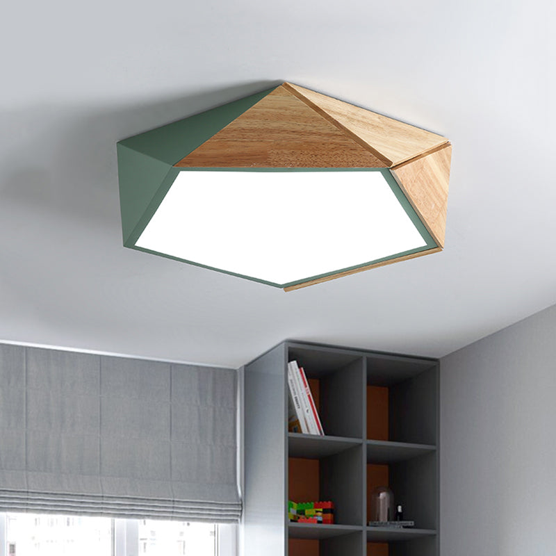 Wood Splicing 3D Pentangle Ceiling Flush Macaron Pink/Green LED Flush Mounted Lamp in Warm/White Light, 16.5/20.5 Inch Wide Clearhalo 'Ceiling Lights' 'Close To Ceiling Lights' 'Close to ceiling' 'Flush mount' Lighting' 1456550