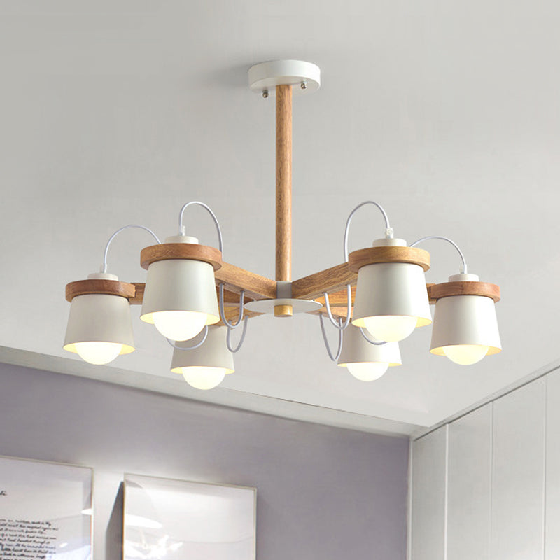 Wheel Style Wood Semi Flush Nordic 6 Bulbs White Ceiling Mount Chandelier with Barrel Lampshade White Clearhalo 'Ceiling Lights' 'Close To Ceiling Lights' 'Close to ceiling' 'Semi-flushmount' Lighting' 1456582