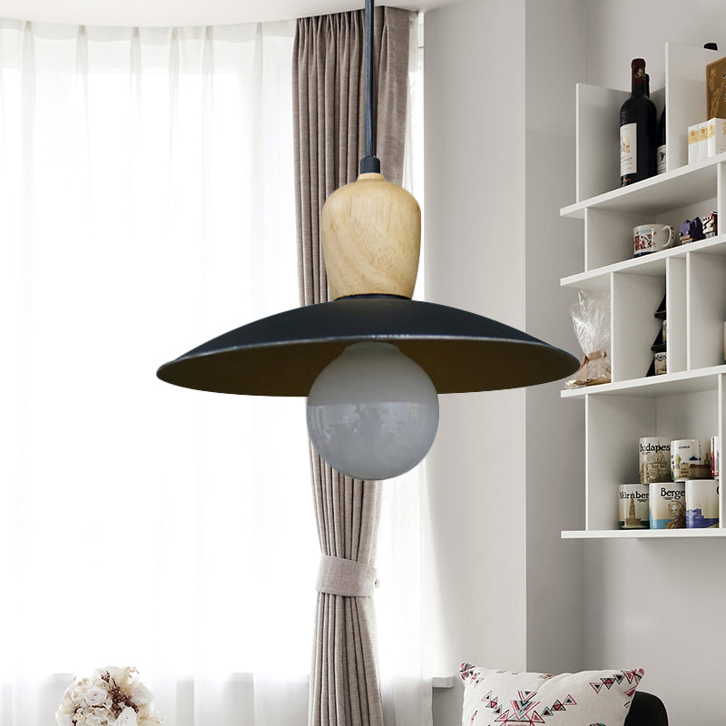 Nordic Flying Saucer Pendant Lamp Iron Single Bulb Sitting Room Pendulum Light in White/Black-Wood Clearhalo 'Ceiling Lights' 'Modern Pendants' 'Modern' 'Pendant Lights' 'Pendants' Lighting' 1456677