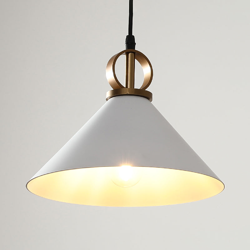 Conical Dining Table Suspension Light Metal 1 Head Minimalist Pendant Lamp in White with Ring Knob Clearhalo 'Ceiling Lights' 'Modern Pendants' 'Modern' 'Pendant Lights' 'Pendants' Lighting' 1456688