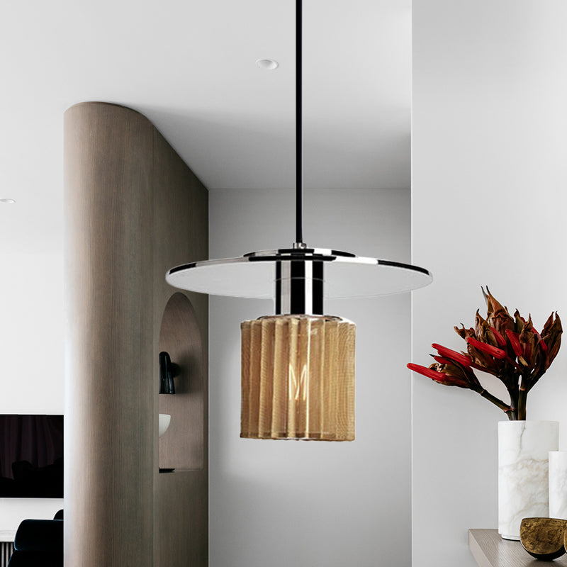 Designer 1 Light Pendant Light Kit Ribbed Glass Chrome Mini Drum Ceiling Lamp with Flat Top Chrome Clearhalo 'Ceiling Lights' 'Modern Pendants' 'Modern' 'Pendant Lights' 'Pendants' Lighting' 1456758