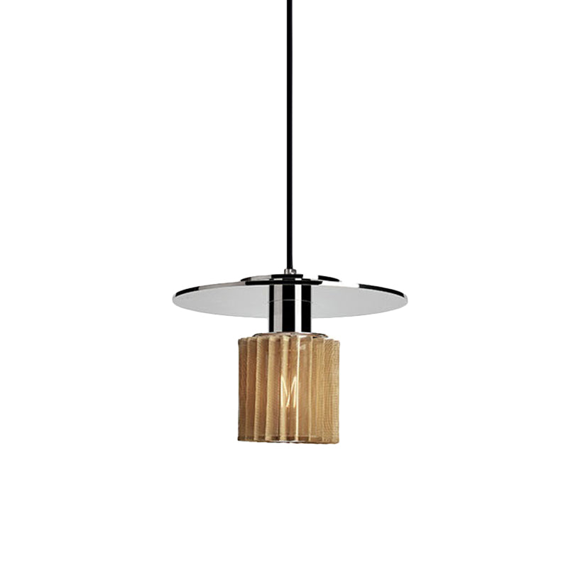 Designer 1 Light Pendant Light Kit Ribbed Glass Chrome Mini Drum Ceiling Lamp with Flat Top Clearhalo 'Ceiling Lights' 'Modern Pendants' 'Modern' 'Pendant Lights' 'Pendants' Lighting' 1456760