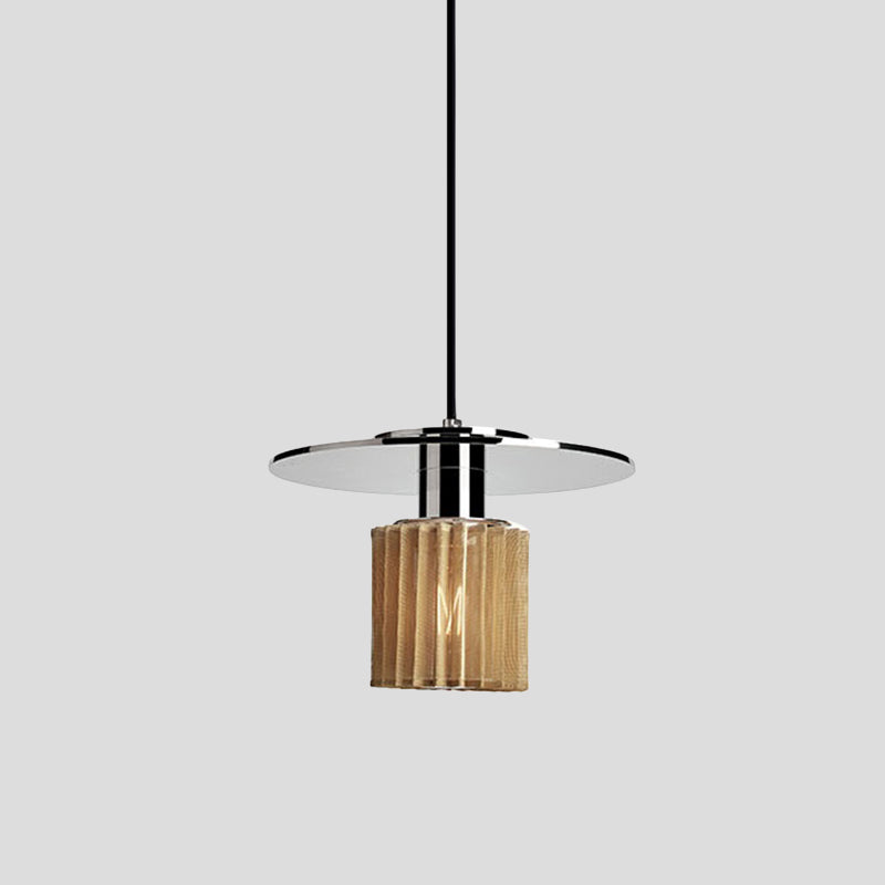 Designer 1 Light Pendant Light Kit Ribbed Glass Chrome Mini Drum Ceiling Lamp with Flat Top Clearhalo 'Ceiling Lights' 'Modern Pendants' 'Modern' 'Pendant Lights' 'Pendants' Lighting' 1456761