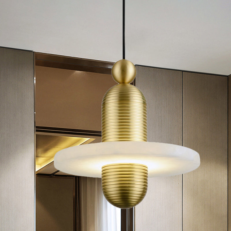 Dress-Like Pendant Lamp Mid Century Marble 1 Head Bedroom Suspension Light in Gold-White with Ribbed Texture Design Gold Clearhalo 'Ceiling Lights' 'Pendant Lights' 'Pendants' Lighting' 1456763_2823153d-8897-4945-8d54-b1089dbc1bd0