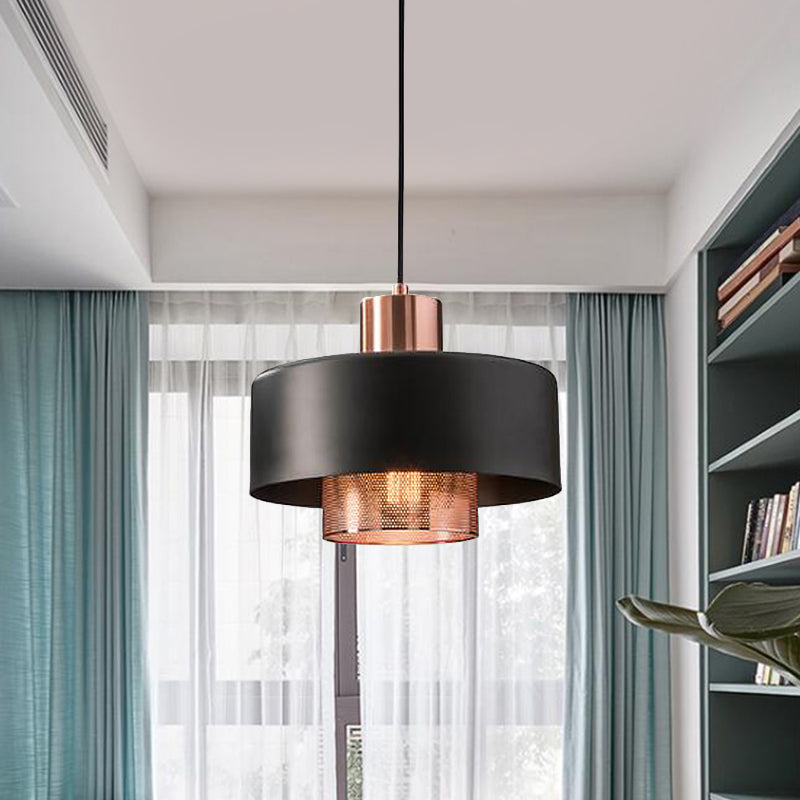 Metal Dual Lid Shade Pendulum Light Mid-Century 1 Bulb Black and Rose Gold Hanging Pendant with Netting Screen Inside Clearhalo 'Ceiling Lights' 'Modern Pendants' 'Modern' 'Pendant Lights' 'Pendants' Lighting' 1456769