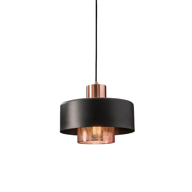 Metal Dual Lid Shade Pendulum Light Mid-Century 1 Bulb Black and Rose Gold Hanging Pendant with Netting Screen Inside Clearhalo 'Ceiling Lights' 'Modern Pendants' 'Modern' 'Pendant Lights' 'Pendants' Lighting' 1456770