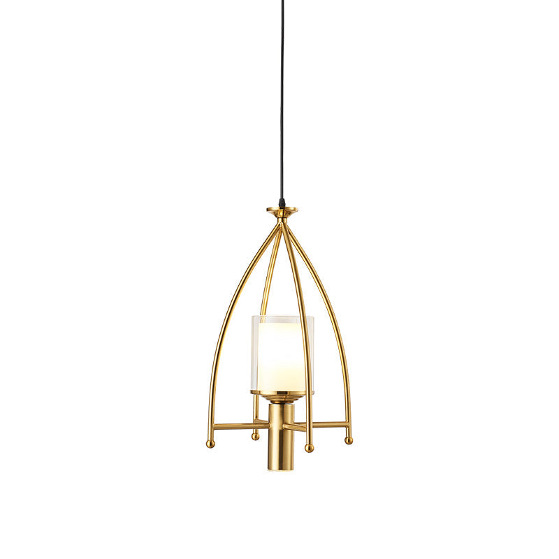 Matte Glass Dual Shade Cylinder Pendant Mid Century 1-Light Hanging Light Fixture with Gold Cage Guard Clearhalo 'Ceiling Lights' 'Modern Pendants' 'Modern' 'Pendant Lights' 'Pendants' Lighting' 1456850