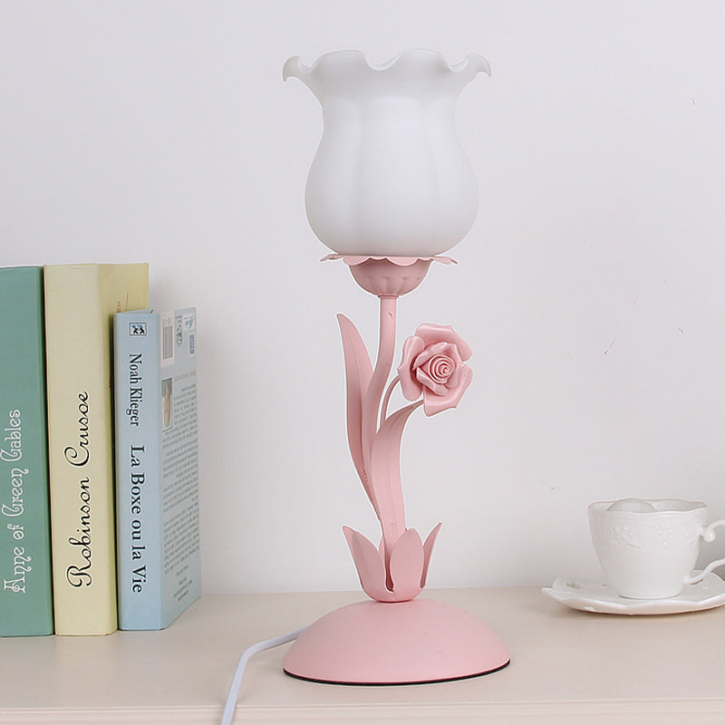 Pastoral Rose Bud Table Light 1 Head Opal Matte Glass Nightstand Lamp with Pink/Blue/Green Vine Pink Clearhalo 'Lamps' 'Table Lamps' Lighting' 1456981