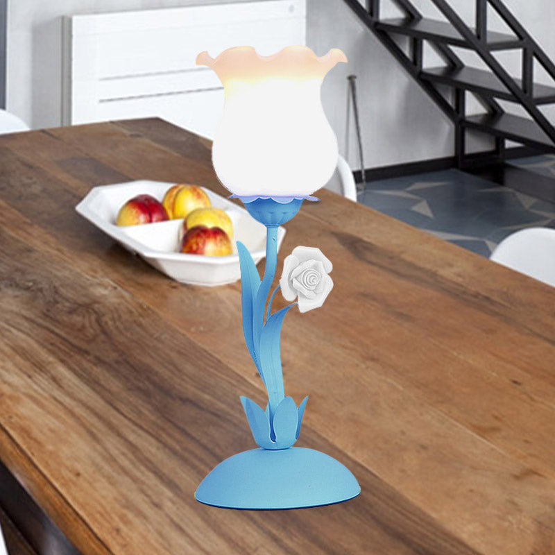 Pastoral Rose Bud Table Light 1 Head Opal Matte Glass Nightstand Lamp with Pink/Blue/Green Vine Blue Clearhalo 'Lamps' 'Table Lamps' Lighting' 1456985