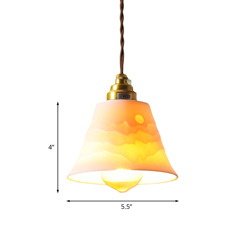 Ceramic Flared Ceiling Hanging Light Countryside Single Lodging House Pendant Lamp with Carved Sunrise Scenery Clearhalo 'Ceiling Lights' 'Pendant Lights' 'Pendants' Lighting' 1457011