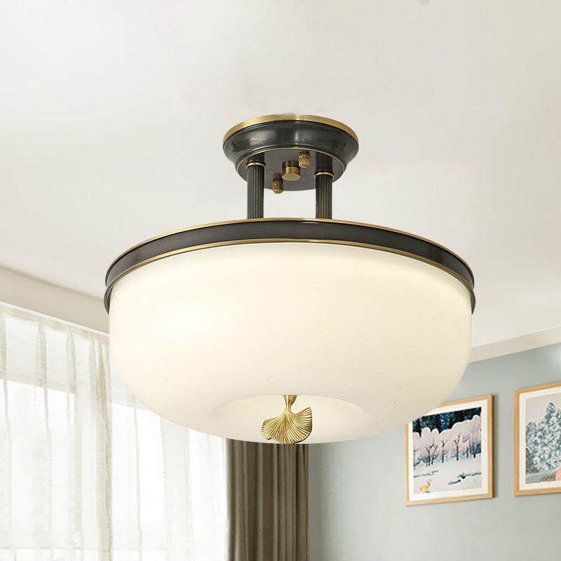 Traditionalism Bowl Semi Flush Mount Frosted Glass LED Close to Ceiling Lighting Fixture in Black/Gold, 12