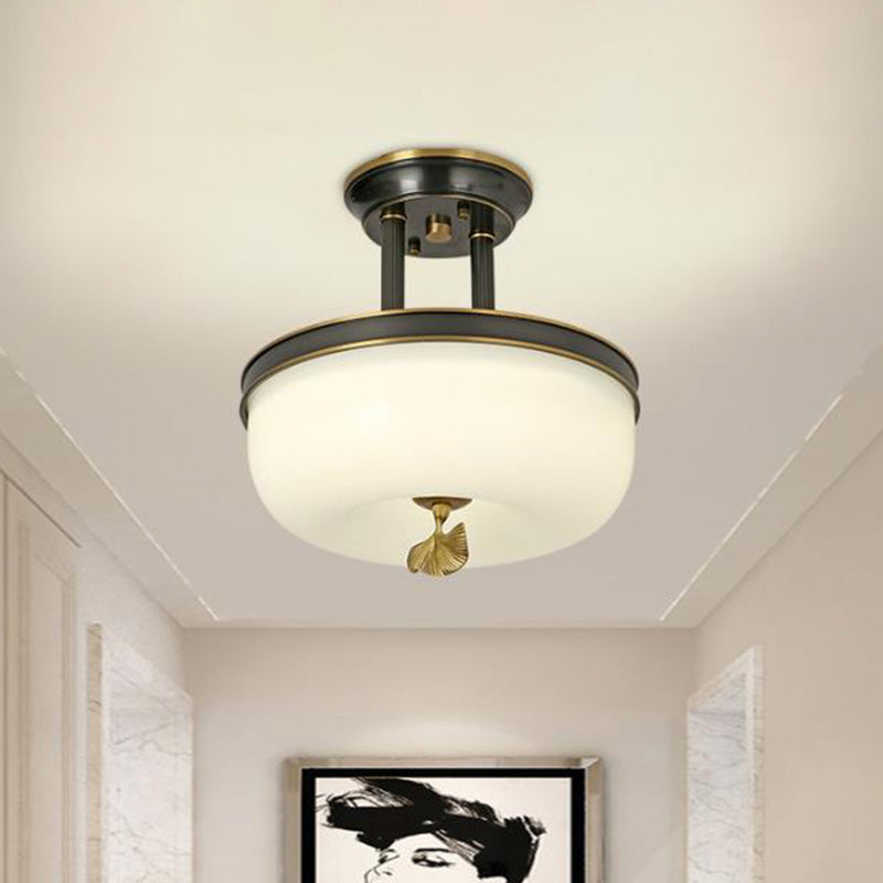 Traditionalism Bowl Semi Flush Mount Frosted Glass LED Close to Ceiling Lighting Fixture in Black/Gold, 12