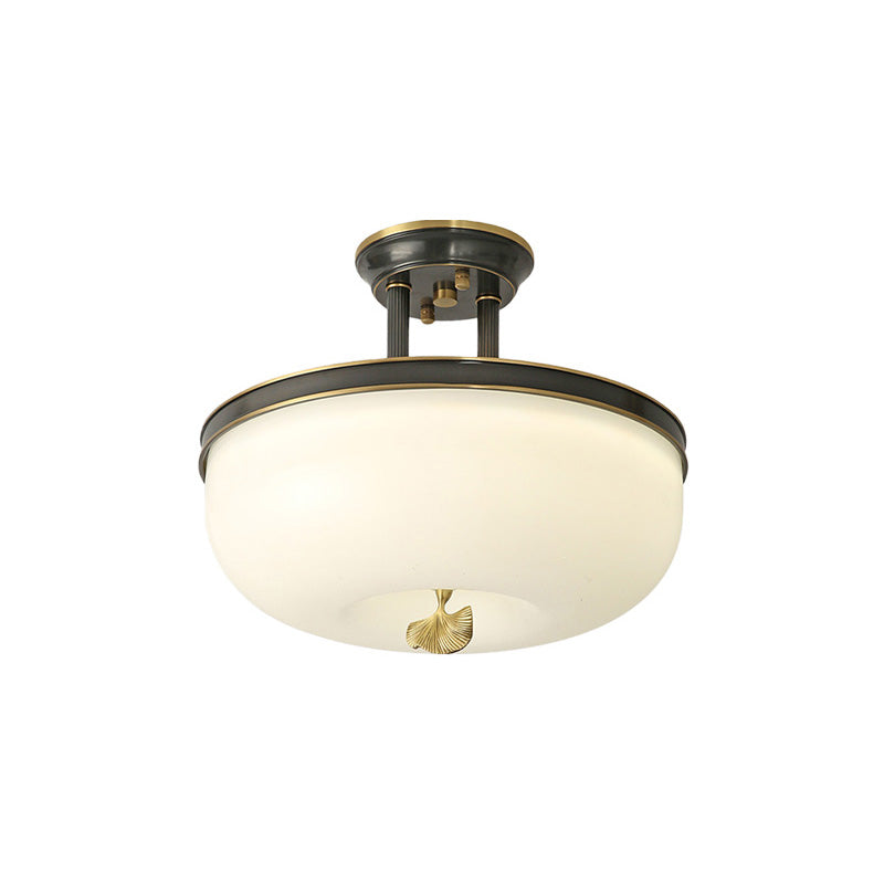 Traditionalism Bowl Semi Flush Mount Frosted Glass LED Close to Ceiling Lighting Fixture in Black/Gold, 12