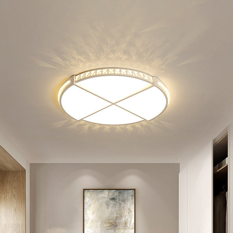 White Circle Division Flush Ceiling Light Minimalist Crystal Encrusted 16.5