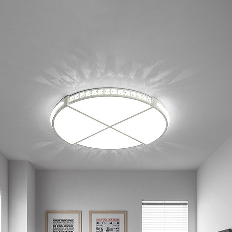 White Circle Division Flush Ceiling Light Minimalist Crystal Encrusted 16.5