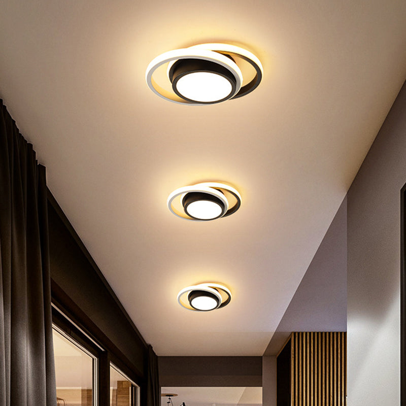 Rounded Apartment Ceiling Lighting Iron Minimalist LED Flush Mount in Black-White with Dual Circle Guard, Warm/White Light Black-White Clearhalo 'Ceiling Lights' 'Close To Ceiling Lights' 'Close to ceiling' 'Flush mount' Lighting' 1457395