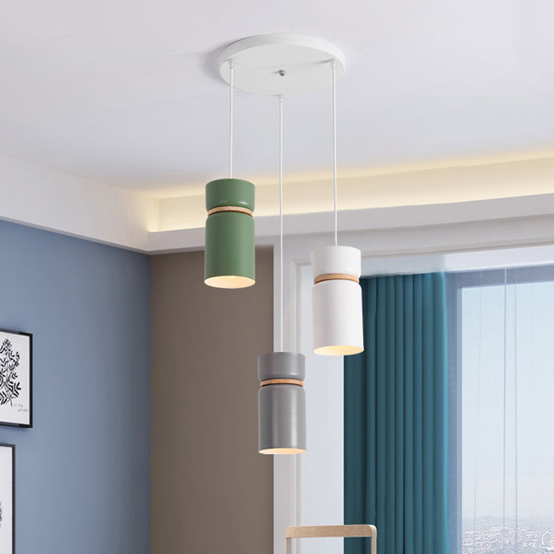 Macaron 3 Light Cluster Pendant Metallic White-Grey-Green Tube Hanging Light with Wood Band Clearhalo 'Ceiling Lights' 'Modern Pendants' 'Modern' 'Pendant Lights' 'Pendants' Lighting' 1457560