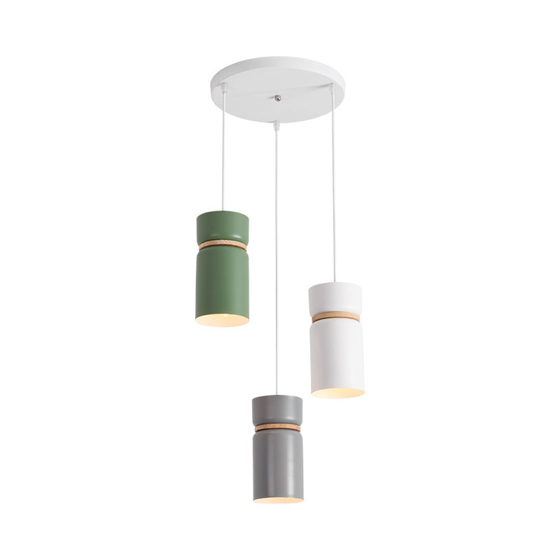 Macaron 3 Light Cluster Pendant Metallic White-Grey-Green Tube Hanging Light with Wood Band Clearhalo 'Ceiling Lights' 'Modern Pendants' 'Modern' 'Pendant Lights' 'Pendants' Lighting' 1457562