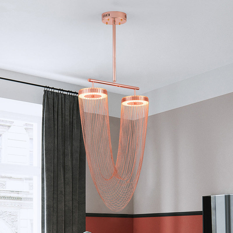 Rose Gold V Shaped Chain Fringe Pendant Modern Vogue Hand Braided Aluminum LED Hanging Ceiling Light for Loft House Rose Gold Clearhalo 'Ceiling Lights' 'Modern Pendants' 'Modern' 'Pendant Lights' 'Pendants' Lighting' 1457587