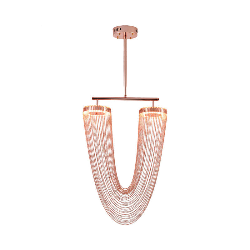 Rose Gold V Shaped Chain Fringe Pendant Modern Vogue Hand Braided Aluminum LED Hanging Ceiling Light for Loft House Clearhalo 'Ceiling Lights' 'Modern Pendants' 'Modern' 'Pendant Lights' 'Pendants' Lighting' 1457590