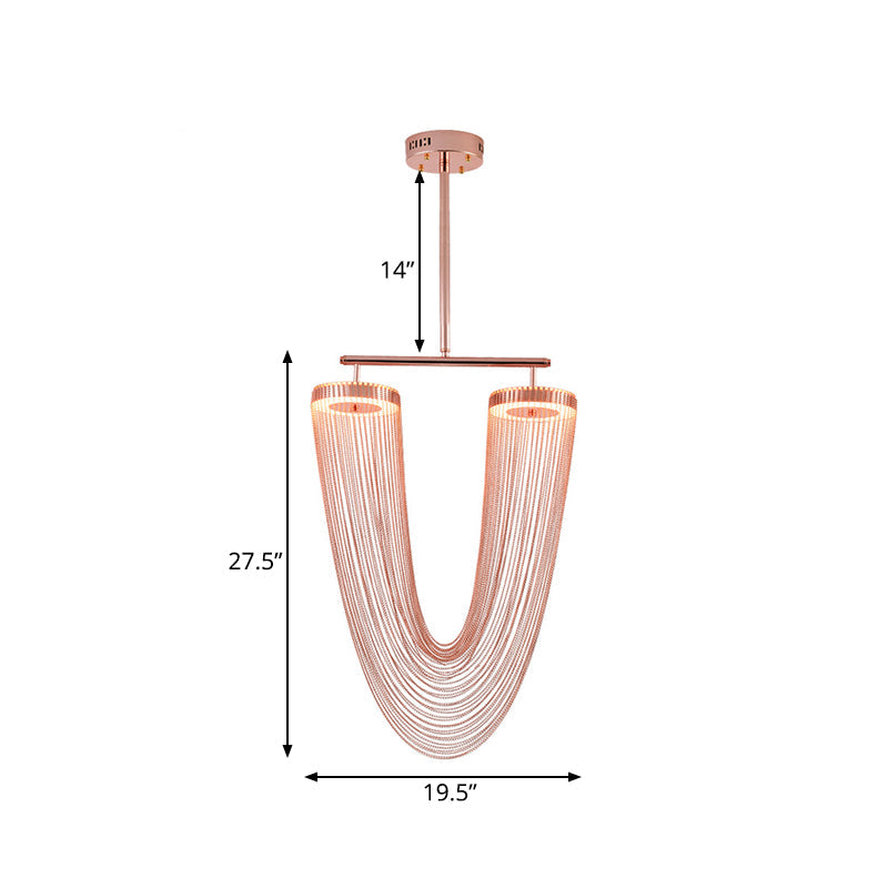 Rose Gold V Shaped Chain Fringe Pendant Modern Vogue Hand Braided Aluminum LED Hanging Ceiling Light for Loft House Clearhalo 'Ceiling Lights' 'Modern Pendants' 'Modern' 'Pendant Lights' 'Pendants' Lighting' 1457591