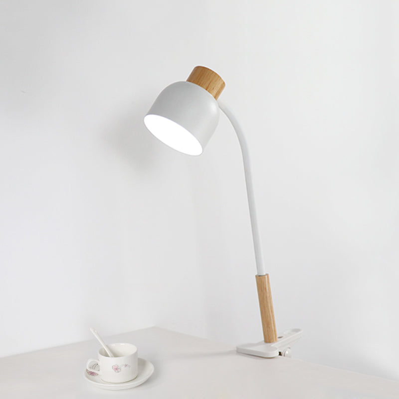 Bowl Shade Studio Clamp Desk Lamp Iron 1-Light Nordic Style Task Light in Green/White and Wood with Flexible Arm White Clearhalo 'Lamps' 'Table Lamps' Lighting' 1457607