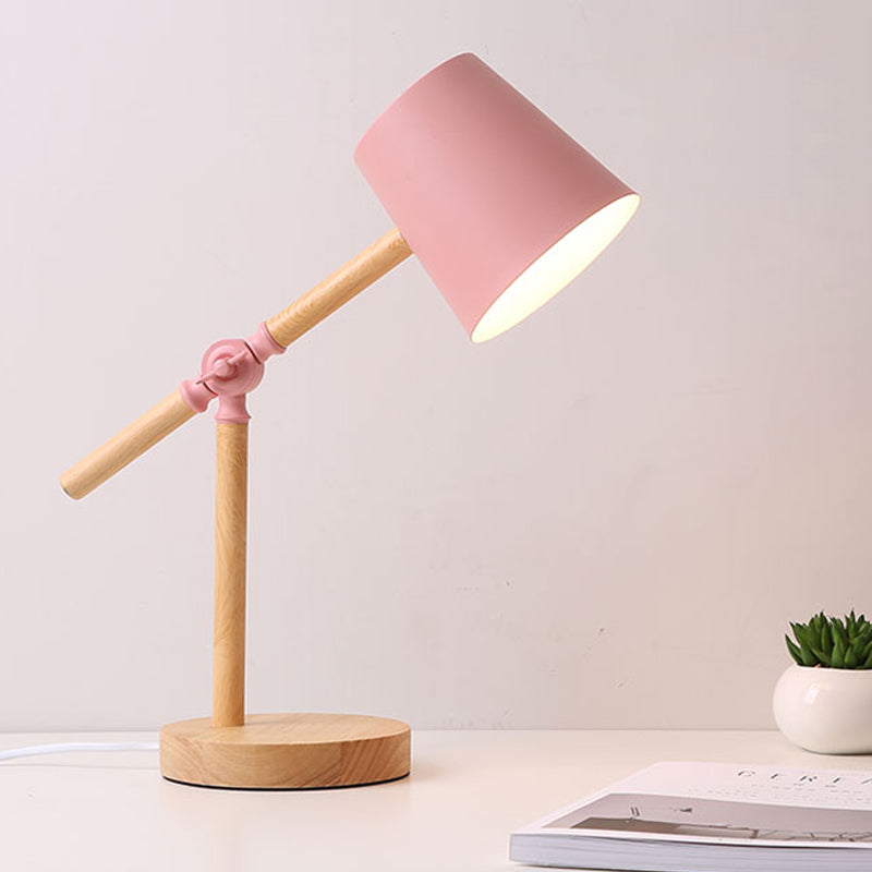 Wood Swing Arm Table Lamp Nordic 1 Light Nightstand Light with Barrel Shade in Black/White/Pink Pink Clearhalo 'Lamps' 'Table Lamps' Lighting' 1457629