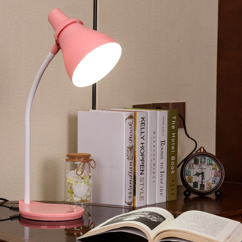 Horn Shade Bendable Reading Lamp Macaron Iron 1 Head Pink/Green Desk Light with Embedded On Off Switch Pink Clearhalo 'Lamps' 'Table Lamps' Lighting' 1457678