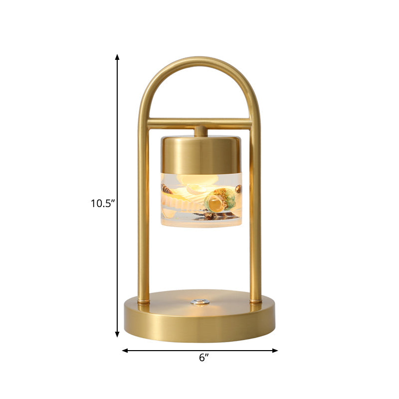 Cylinder Portable Touch Table Lamp Retro Novelty Acrylic Brass LED Night Light with Handle and Seashell Decor Inside Clearhalo 'Lamps' 'Table Lamps' Lighting' 1457740