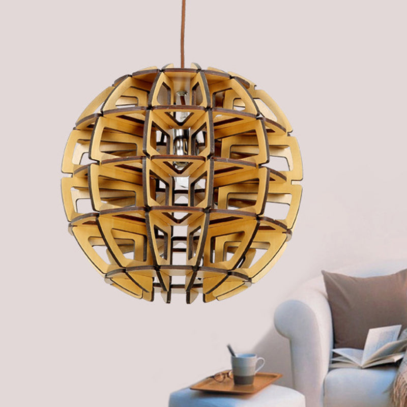 Hand-Worked Beehive Ball Hanging Light Asia Novelty Wood 1-Light Brown Pendant Ceiling Lamp Clearhalo 'Ceiling Lights' 'Pendant Lights' 'Pendants' Lighting' 1457821