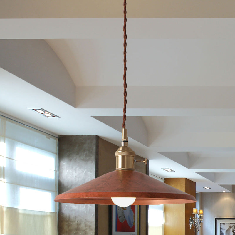 Saucer Shade Iron Hanging Light Rustic 1-Light Dining Room Pendant Lamp in Blue/Red/Silver with Stranded Wire Cord Clearhalo 'Art Deco Pendants' 'Cast Iron' 'Ceiling Lights' 'Ceramic' 'Crystal' 'Industrial Pendants' 'Industrial' 'Metal' 'Middle Century Pendants' 'Pendant Lights' 'Pendants' 'Tiffany' Lighting' 1457847