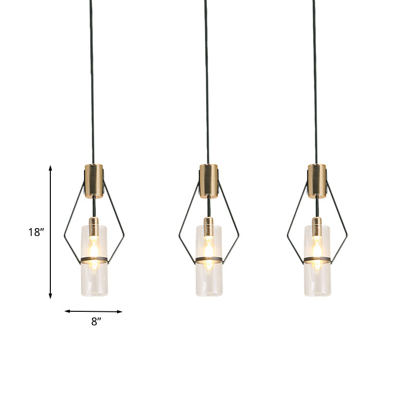 Gold 3-Light Multi Hanging Light Vintage Metal Diamond Frame Pendant Lamp with Tube Glass Shade and Round/Linear Canopy Clearhalo 'Ceiling Lights' 'Chandeliers' 'Glass shade' 'Glass' 'Industrial Pendants' 'Industrial' 'Middle Century Pendants' 'Pendant Lights' 'Pendants' 'Tiffany' Lighting' 1457930