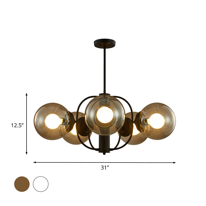 Clear/Light-Tan Glass Sphere Chandelier Retro 5 Heads Living Room Ceiling Pendant Light with Cage Arm Clearhalo 'Ceiling Lights' 'Chandeliers' 'Clear' 'Glass shade' 'Glass' 'Industrial Chandeliers' 'Industrial' 'Middle Century Chandeliers' 'Modern' 'Tiffany' 'Traditional Chandeliers' Lighting' 1457940