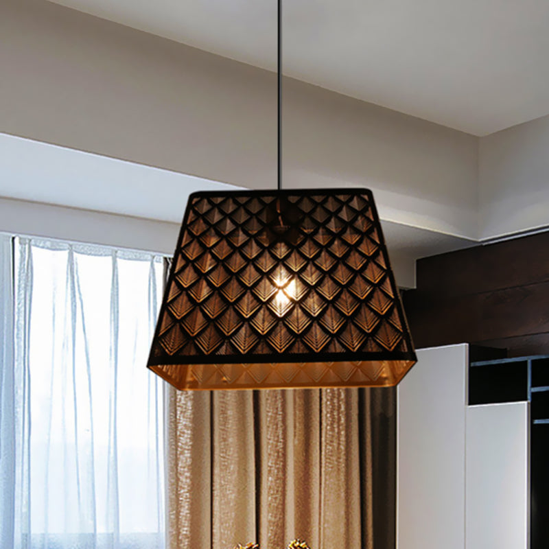 Single Trapezoidal Trellis Cage Pendant Industrial Black Iron Ceiling Suspension Lamp Clearhalo 'Ceiling Lights' 'Pendant Lights' 'Pendants' Lighting' 1458018