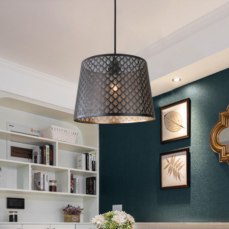 Mission X-Cage Drop Lamp Single Bulb Metallic Hanging Ceiling Light with Truncated Cone Shade in Black Clearhalo 'Ceiling Lights' 'Pendant Lights' 'Pendants' Lighting' 1458024