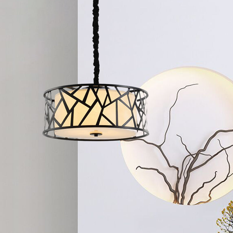 Iron Cage Drum Pendant Lighting Vintage 5-Head Dining Room Ceiling Light in Black with Fabric Shade Inside Clearhalo 'Ceiling Lights' 'Pendant Lights' 'Pendants' Lighting' 1458030