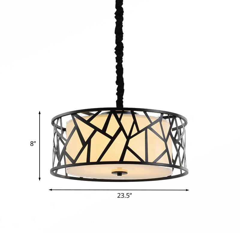 Iron Cage Drum Pendant Lighting Vintage 5-Head Dining Room Ceiling Light in Black with Fabric Shade Inside Clearhalo 'Ceiling Lights' 'Pendant Lights' 'Pendants' Lighting' 1458032