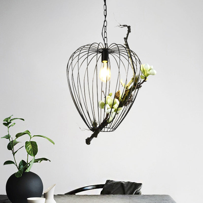 Pear Cage Iron Suspension Lamp Vintage 1 Bulb Study Room Flower Down Lighting Pendant in Black, 15