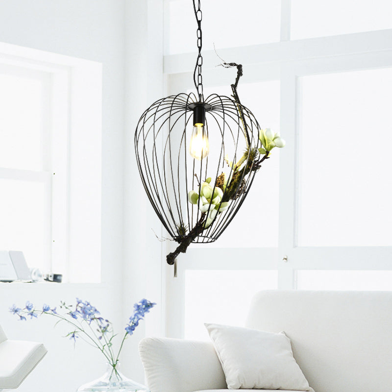 Pear Cage Iron Suspension Lamp Vintage 1 Bulb Study Room Flower Down Lighting Pendant in Black, 15