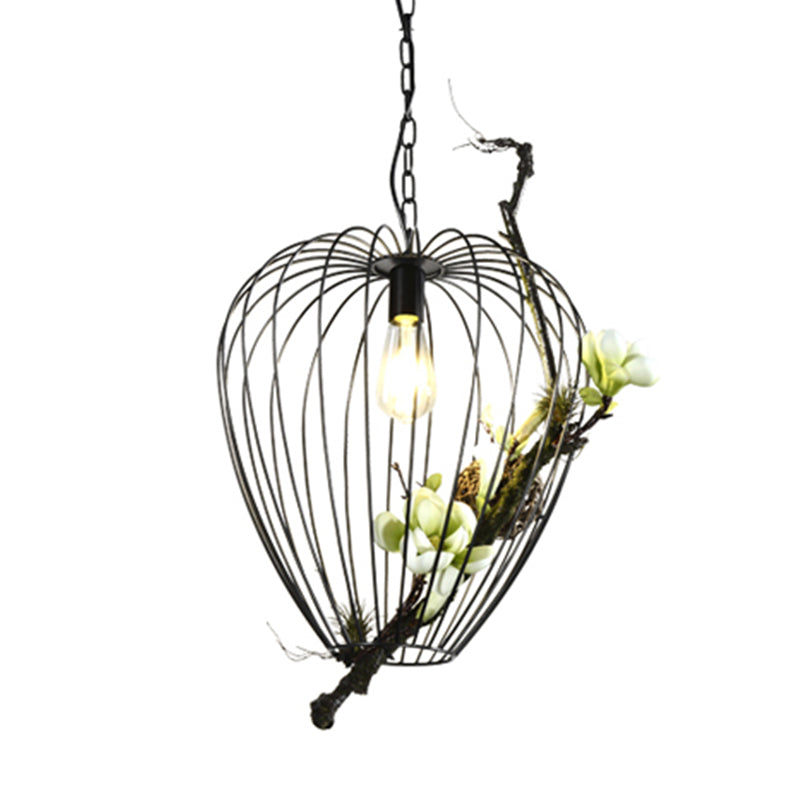 Pear Cage Iron Suspension Lamp Vintage 1 Bulb Study Room Flower Down Lighting Pendant in Black, 15