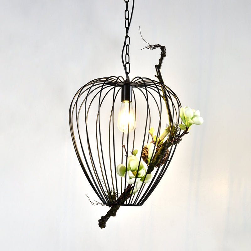 Pear Cage Iron Suspension Lamp Vintage 1 Bulb Study Room Flower Down Lighting Pendant in Black, 15