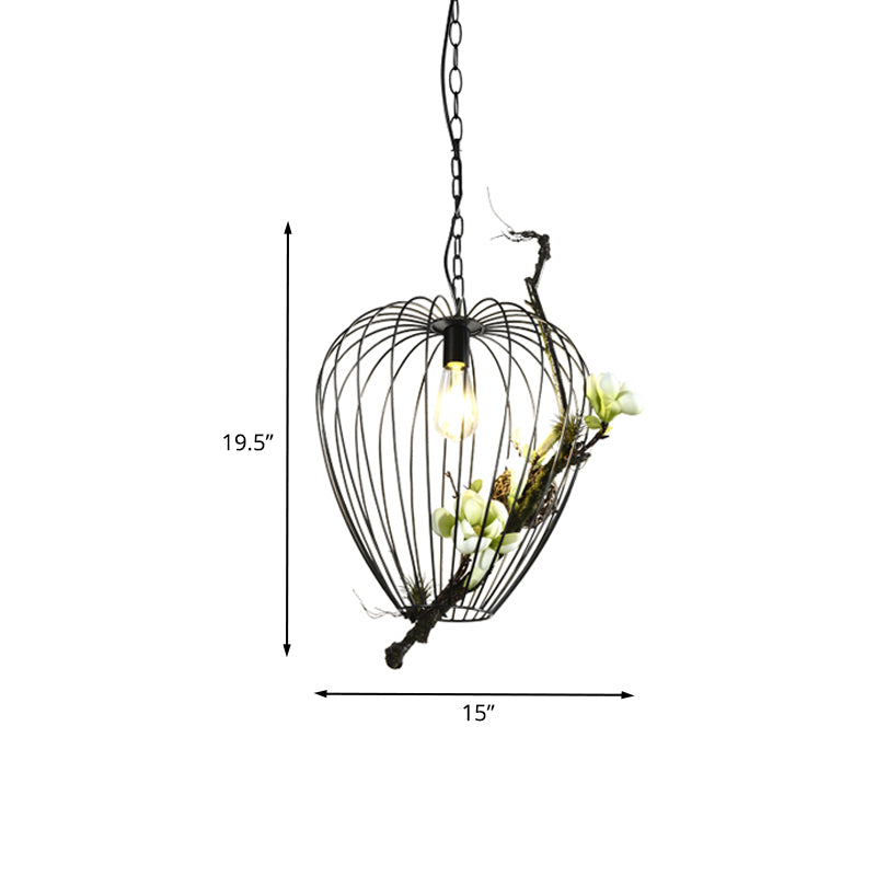 Pear Cage Iron Suspension Lamp Vintage 1 Bulb Study Room Flower Down Lighting Pendant in Black, 15