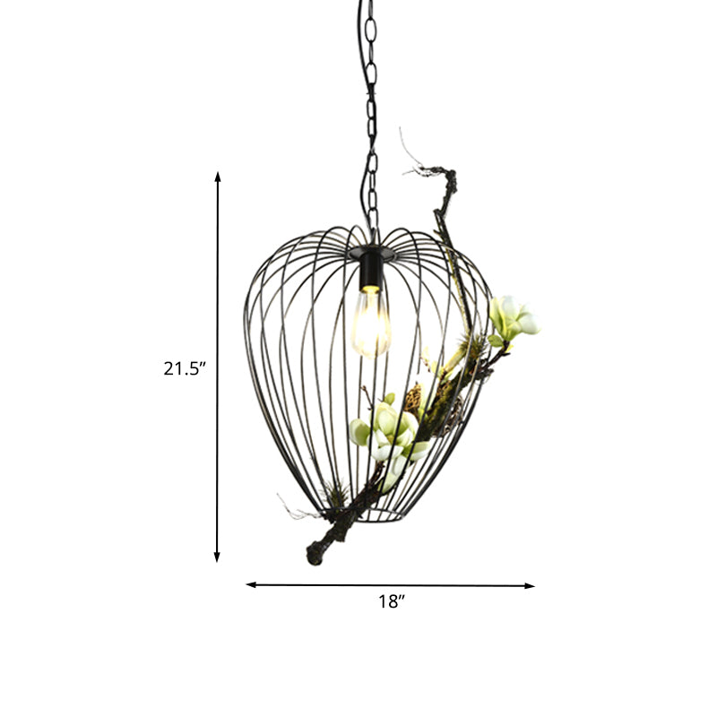 Pear Cage Iron Suspension Lamp Vintage 1 Bulb Study Room Flower Down Lighting Pendant in Black, 15