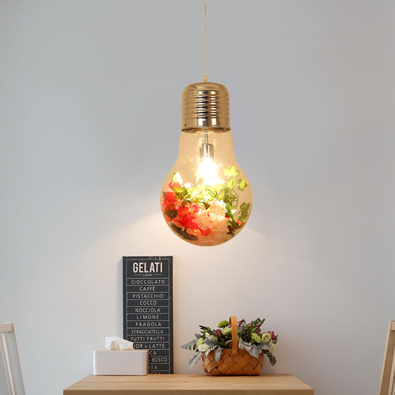 Clear Glass Bulb-Shaped Pendant Farmhouse 1 Light Restaurant Flower Ceiling Suspension Lamp, 6