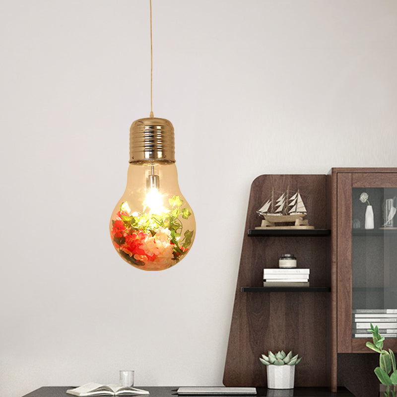 Clear Glass Bulb-Shaped Pendant Farmhouse 1 Light Restaurant Flower Ceiling Suspension Lamp, 6