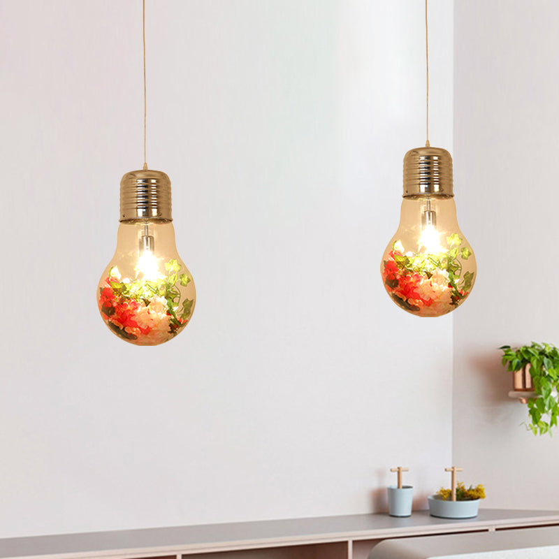 Clear Glass Bulb-Shaped Pendant Farmhouse 1 Light Restaurant Flower Ceiling Suspension Lamp, 6