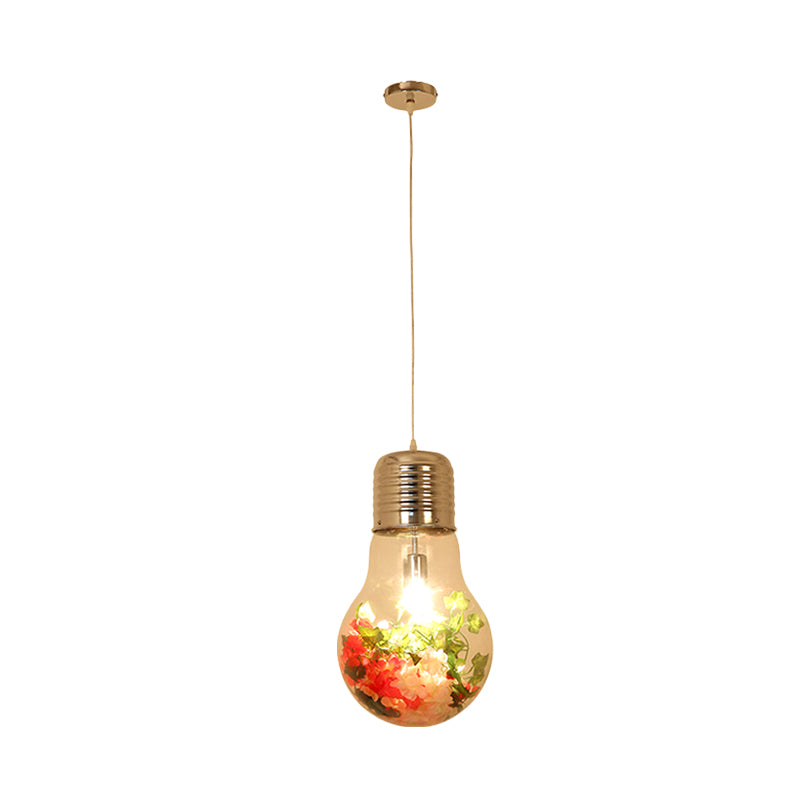 Clear Glass Bulb-Shaped Pendant Farmhouse 1 Light Restaurant Flower Ceiling Suspension Lamp, 6