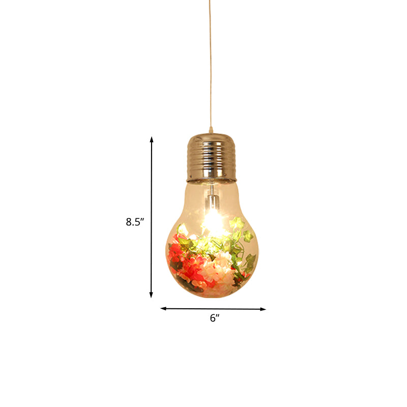 Clear Glass Bulb-Shaped Pendant Farmhouse 1 Light Restaurant Flower Ceiling Suspension Lamp, 6