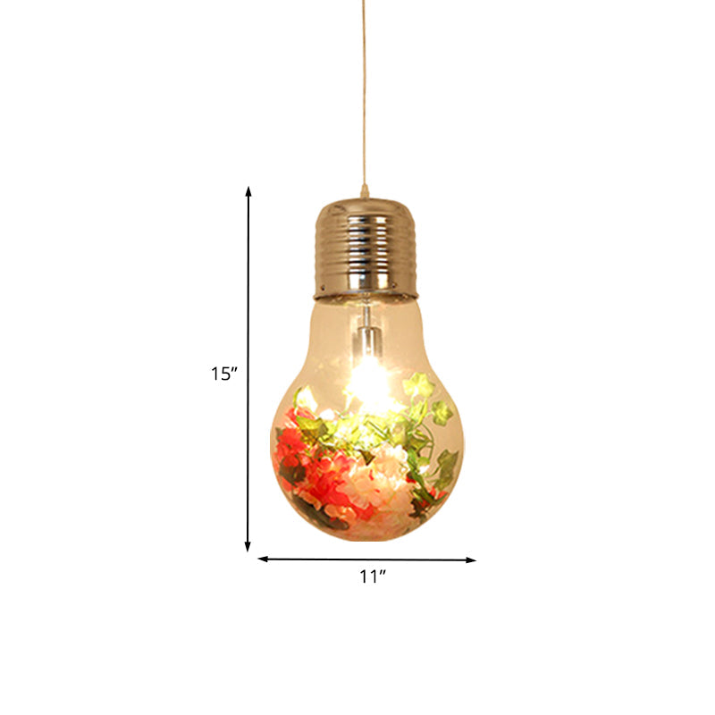 Clear Glass Bulb-Shaped Pendant Farmhouse 1 Light Restaurant Flower Ceiling Suspension Lamp, 6